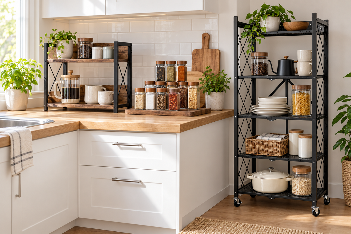 AI concept kitchen with wood-lid glass spice jars, a two-tier countertop coffee shelf and a five-tier wheeled trolley