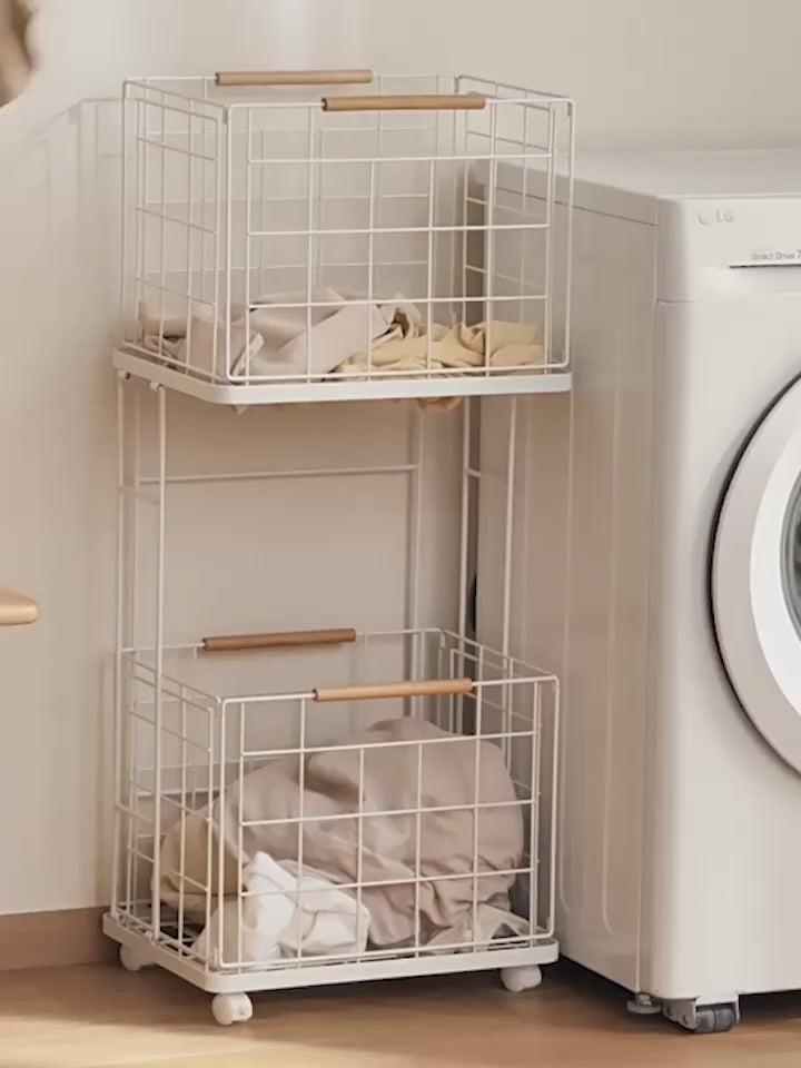 2 Tier Laundry Basket Cart with Wheels Removable Wire Baskets