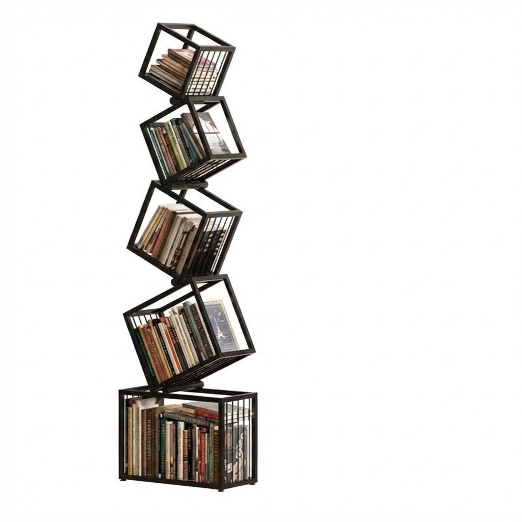 Geometric Stacking Bookshelf 183cm Tall Modern Carbon Steel Storage Rack 5-Tier Cube Display Shelf