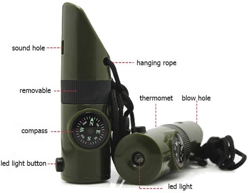 7 in 1 Survival Whistle Compass Thermometer LED Flashlight Mirror Magnifier