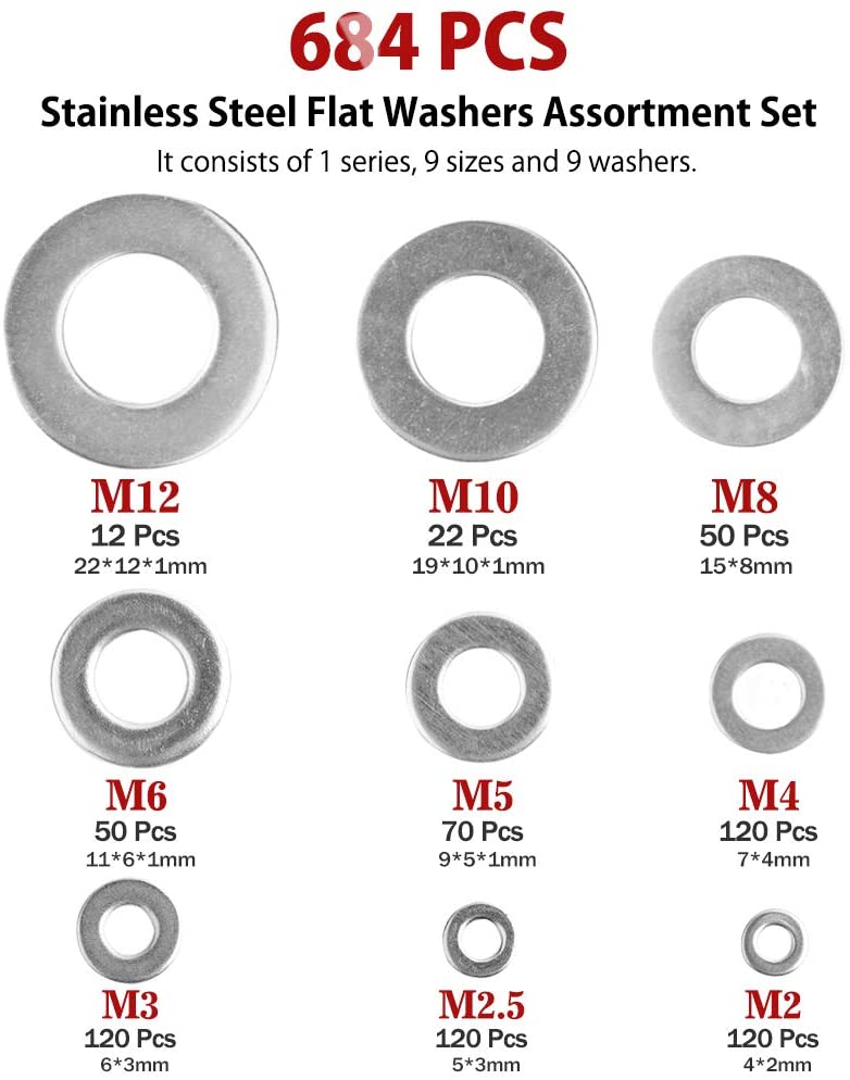684Pcs 304 Stainless Steel Flat Washers Assortment Washers Hardware Set