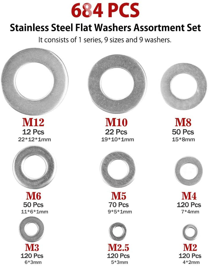 684Pcs 304 Stainless Steel Flat Washers Assortment Washers Hardware Set