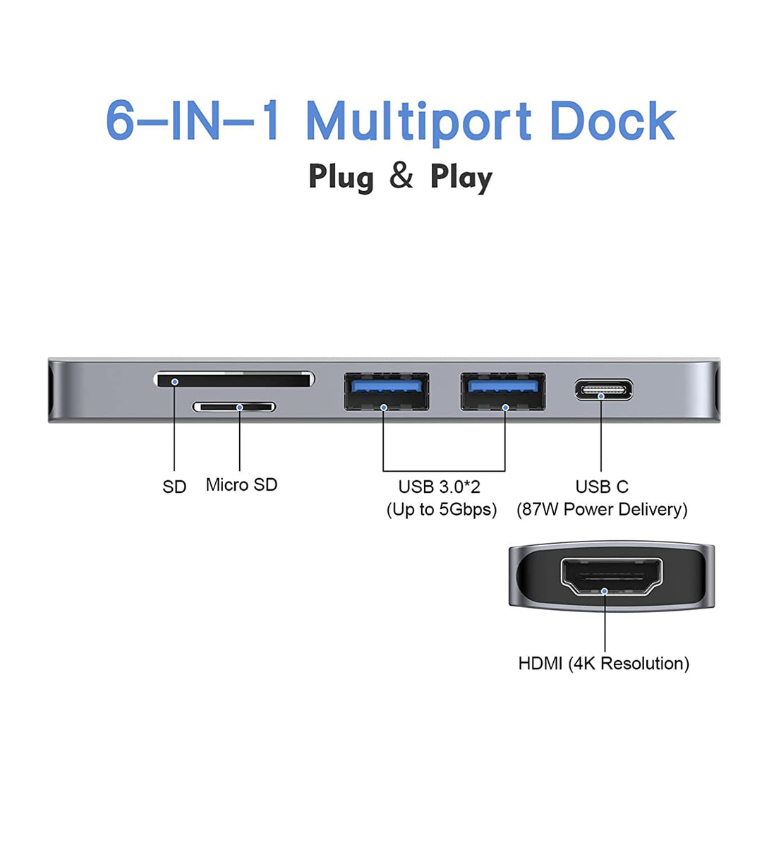 6 in 1 USB C Laptop Docking Station with 4K HDMI