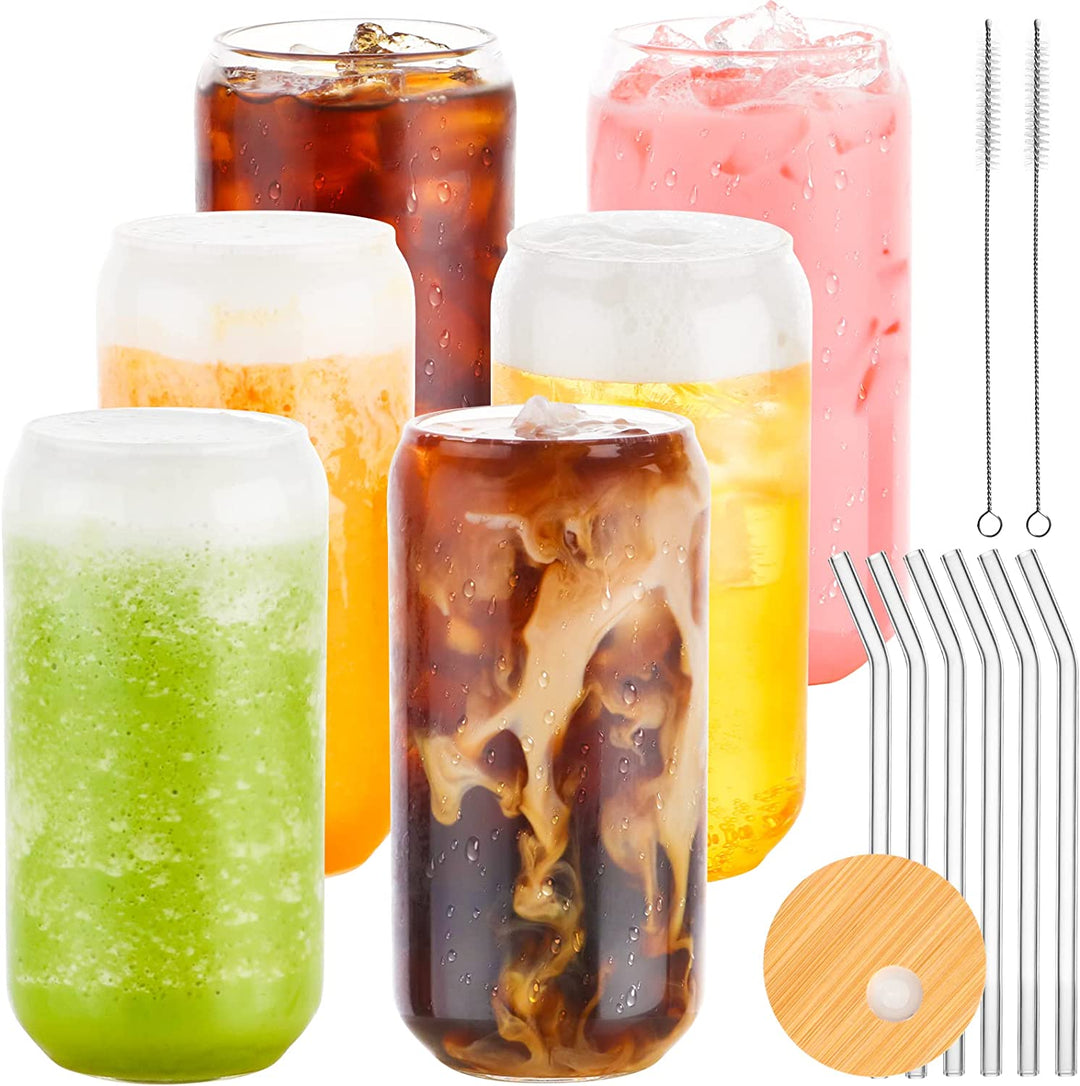 6 Pack Drinking Glass Cup with Bamboo Lid and Straw Set