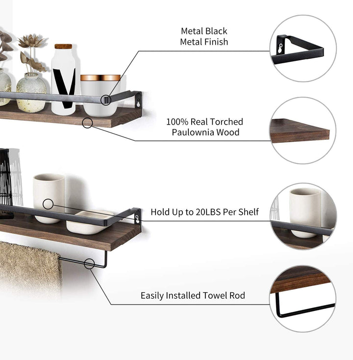 2 Tier Rustic Floating Wall Shelves with Rails