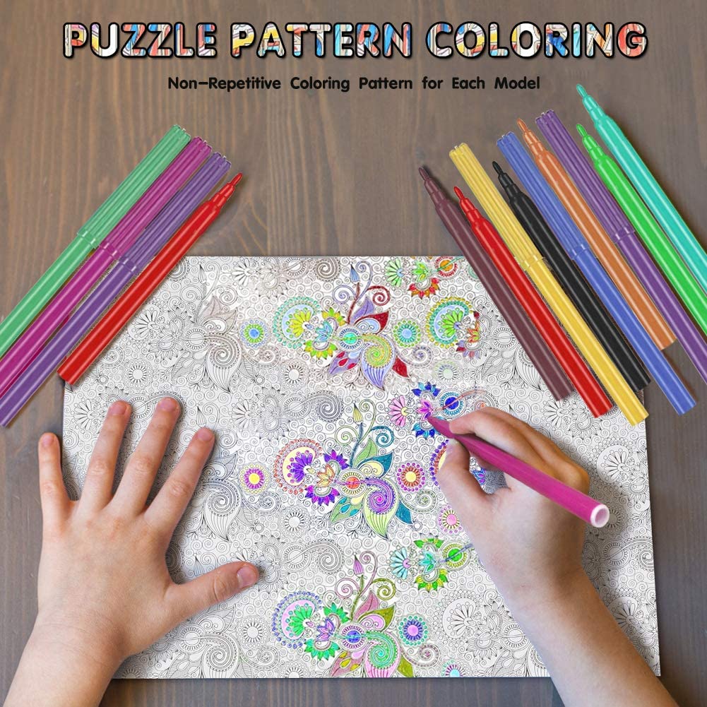 3D Coloring Puzzle Set 6Pack Puzzles with 24 Pen Markers-TypeD