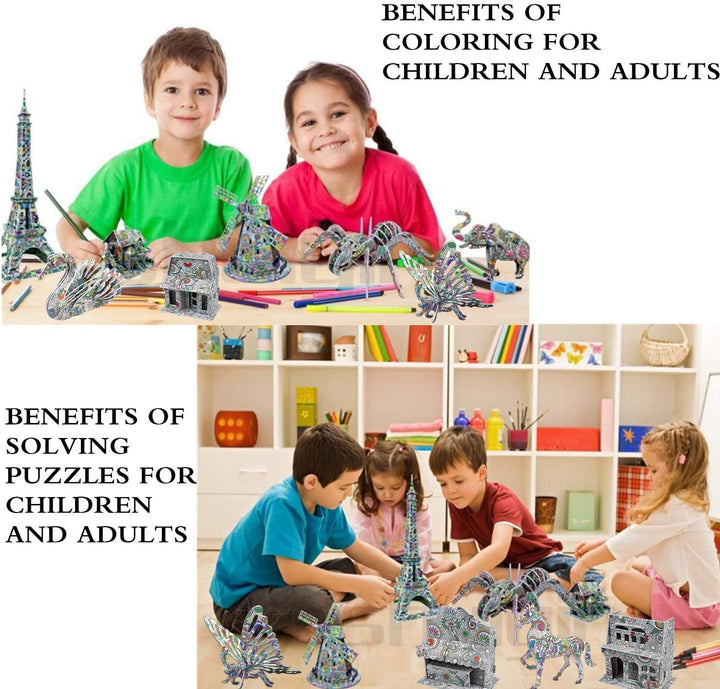 3D Coloring Puzzle Set 6Pack Puzzles with 24 Pen Markers-TypeC