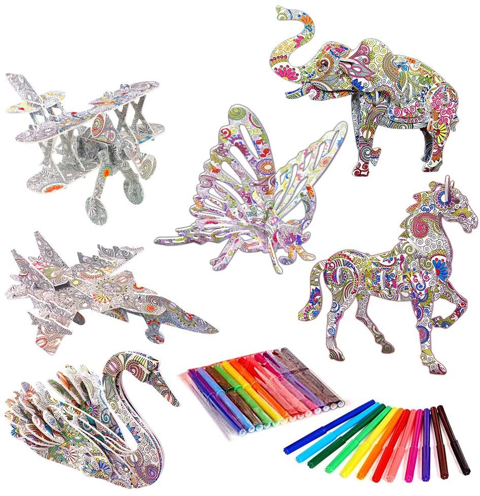 3D Coloring Puzzle Set 6Pack Puzzles with 24 Pen Markers-TypeD