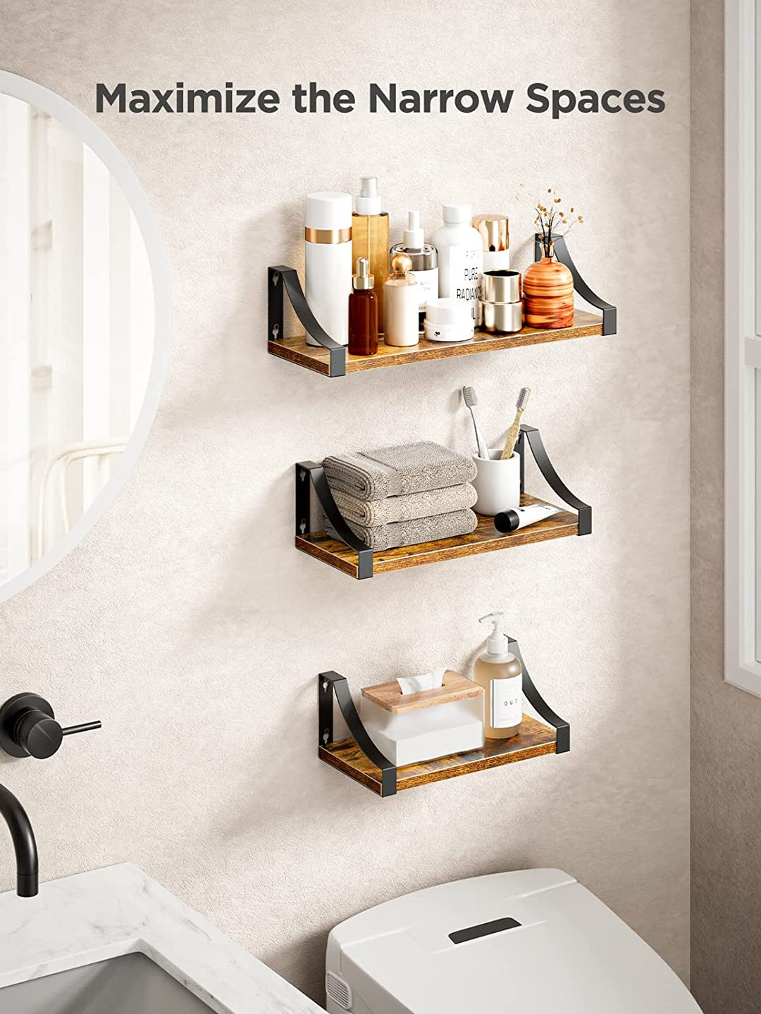 Rustic Wood Floating Shelves Wall Mounted Set of 3-Dark Brown