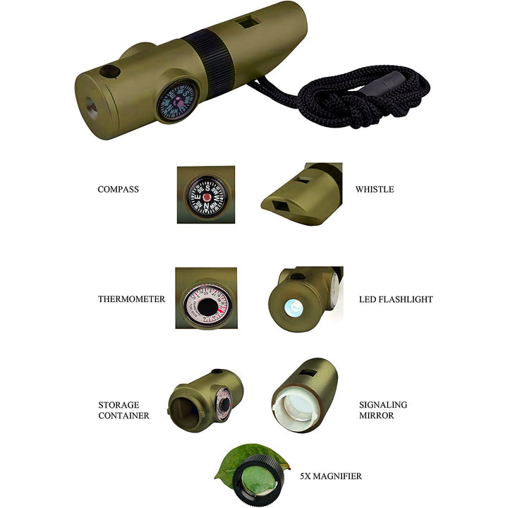7 in 1 Survival Whistle Compass Thermometer LED Flashlight Mirror Magnifier