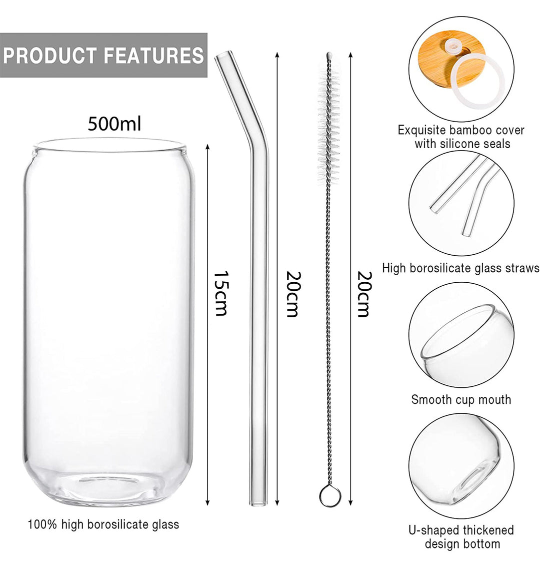 6 Pack Drinking Glass Cup with Bamboo Lid and Straw Set