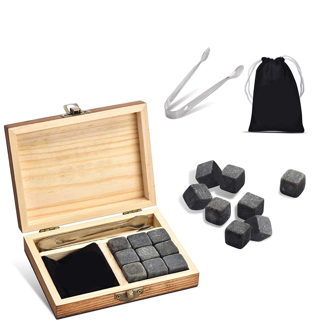 9 Granite Whisky Stones Wooden Case Set