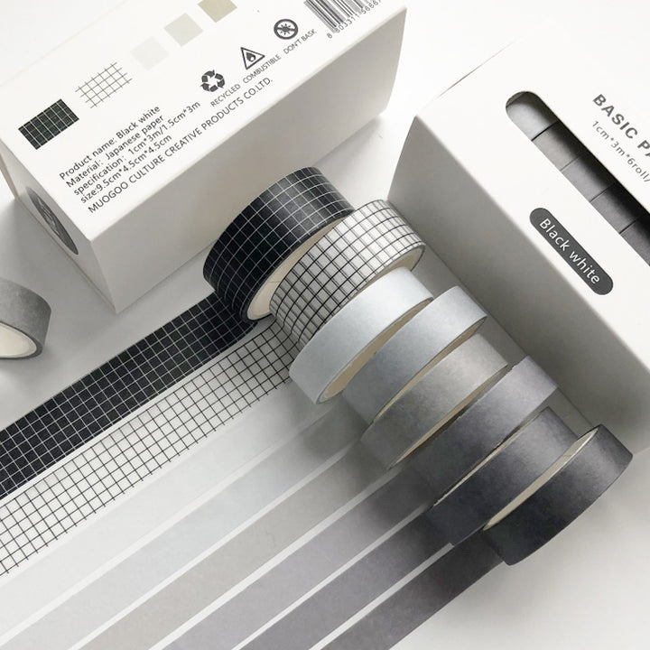 8Rolls Washi Tape Masking Tape Set-Black White 2pack