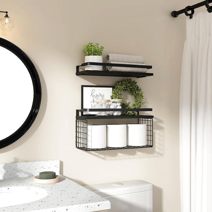 Floating Bathroom Shelves Wall Mounted with Wire Basket