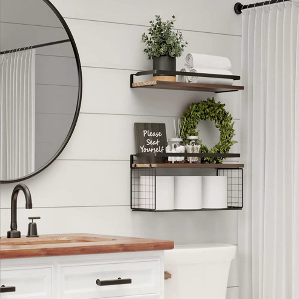 Floating Bathroom Shelves Wall Mounted with Wire Basket