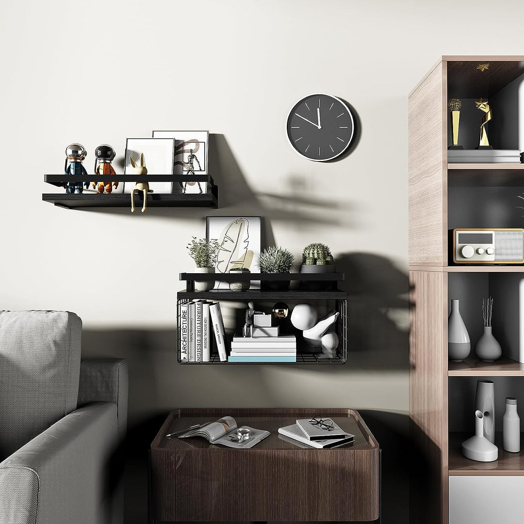 Floating Bathroom Shelves Wall Mounted with Wire Basket