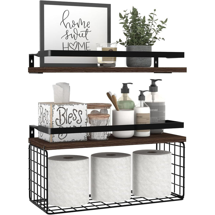 Floating Bathroom Shelves Wall Mounted with Wire Basket