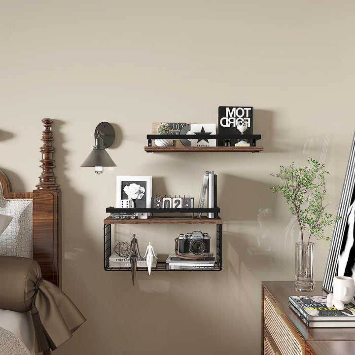 Floating Bathroom Shelves Wall Mounted with Wire Basket