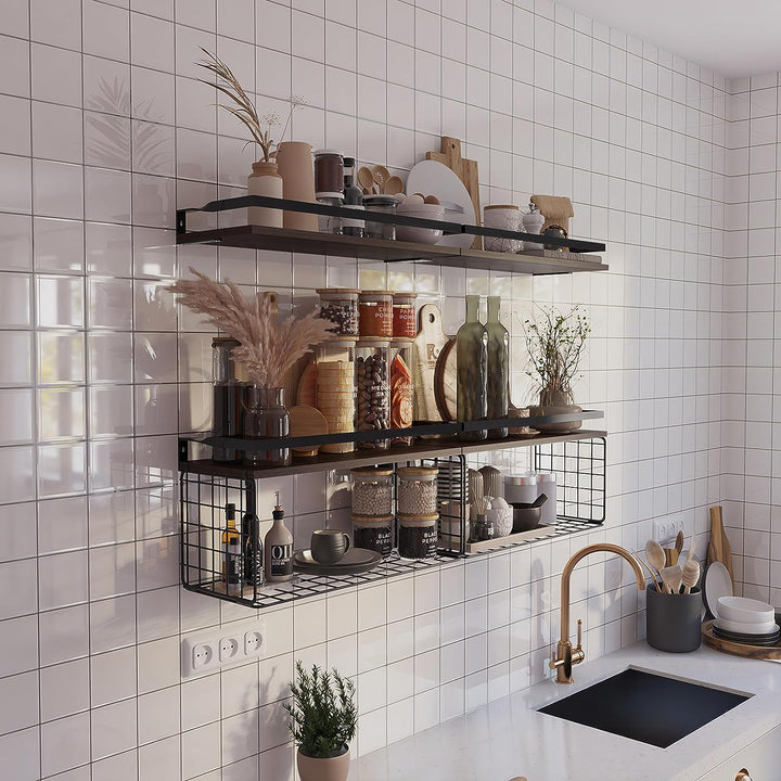 Floating Bathroom Shelves Wall Mounted with Wire Basket