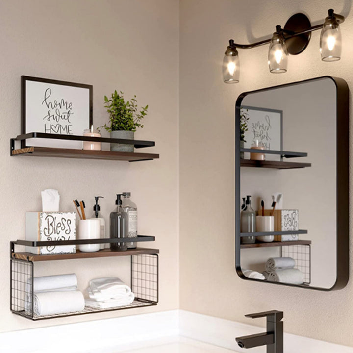 Floating Bathroom Shelves Wall Mounted with Wire Basket