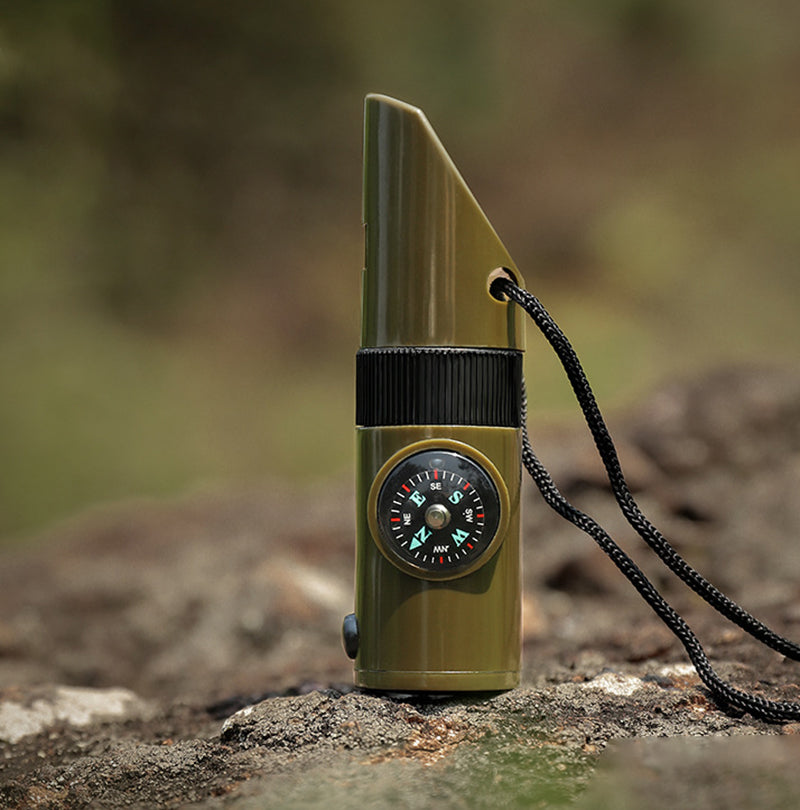 7 in 1 Survival Whistle Compass Thermometer LED Flashlight Mirror Magnifier