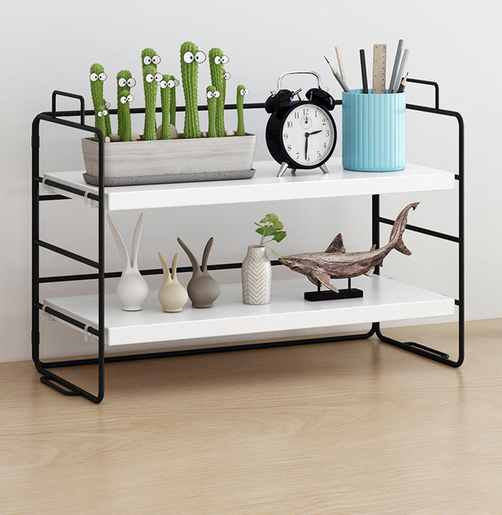 2-Tier Steel Wood Countertop Shelf Standing Rack-White & Black