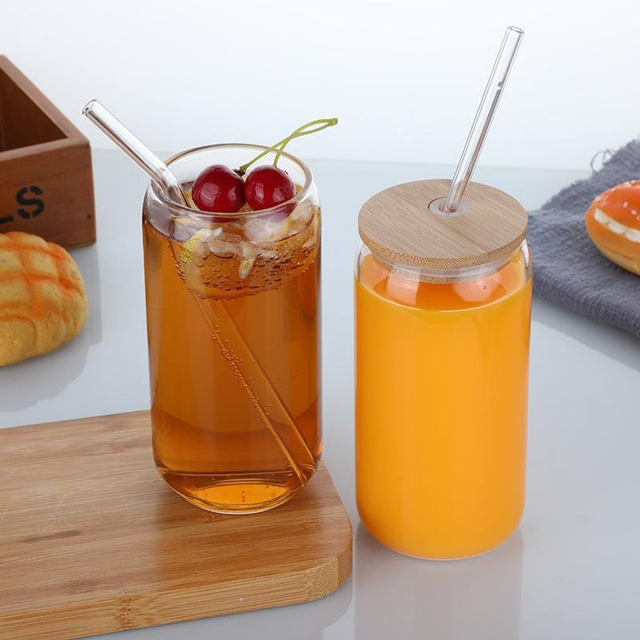 6 Pack Drinking Glass Cup with Bamboo Lid and Straw Set