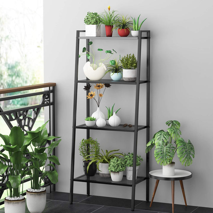 4 Tier Steel Mesh Ladder Shelf Display Rack 60x35x147cm-Black